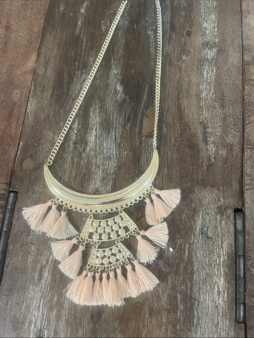 Gold-Tone Statement Necklace with Blush Pink Tassels - Picture 7 of 9